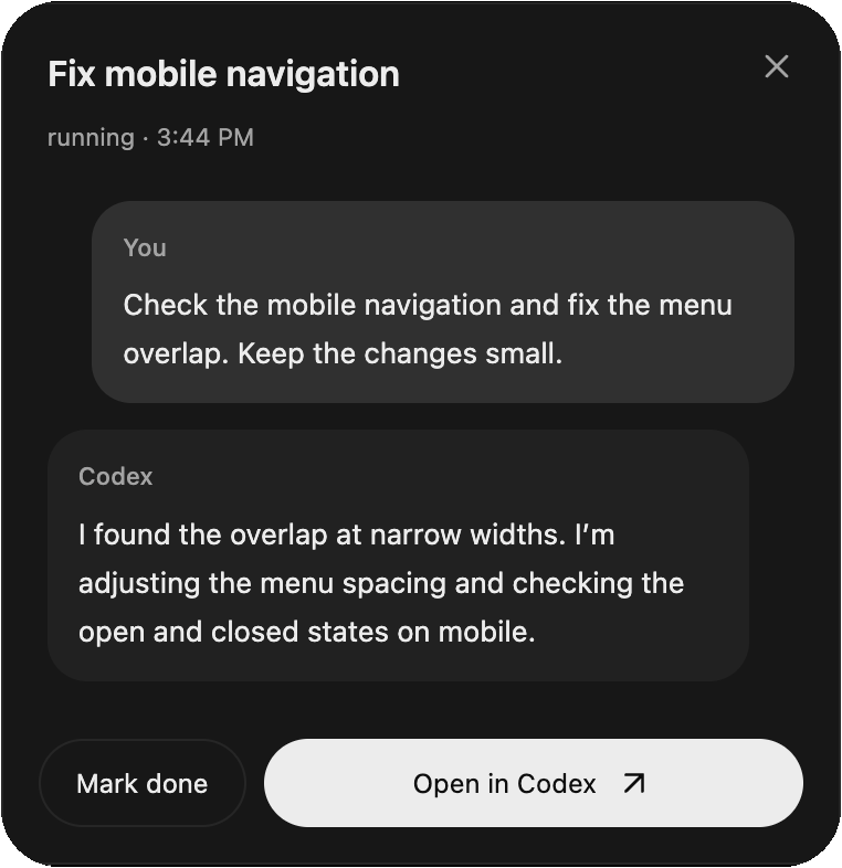 CodexMap chat preview with messages, Mark done, and Open in Codex controls