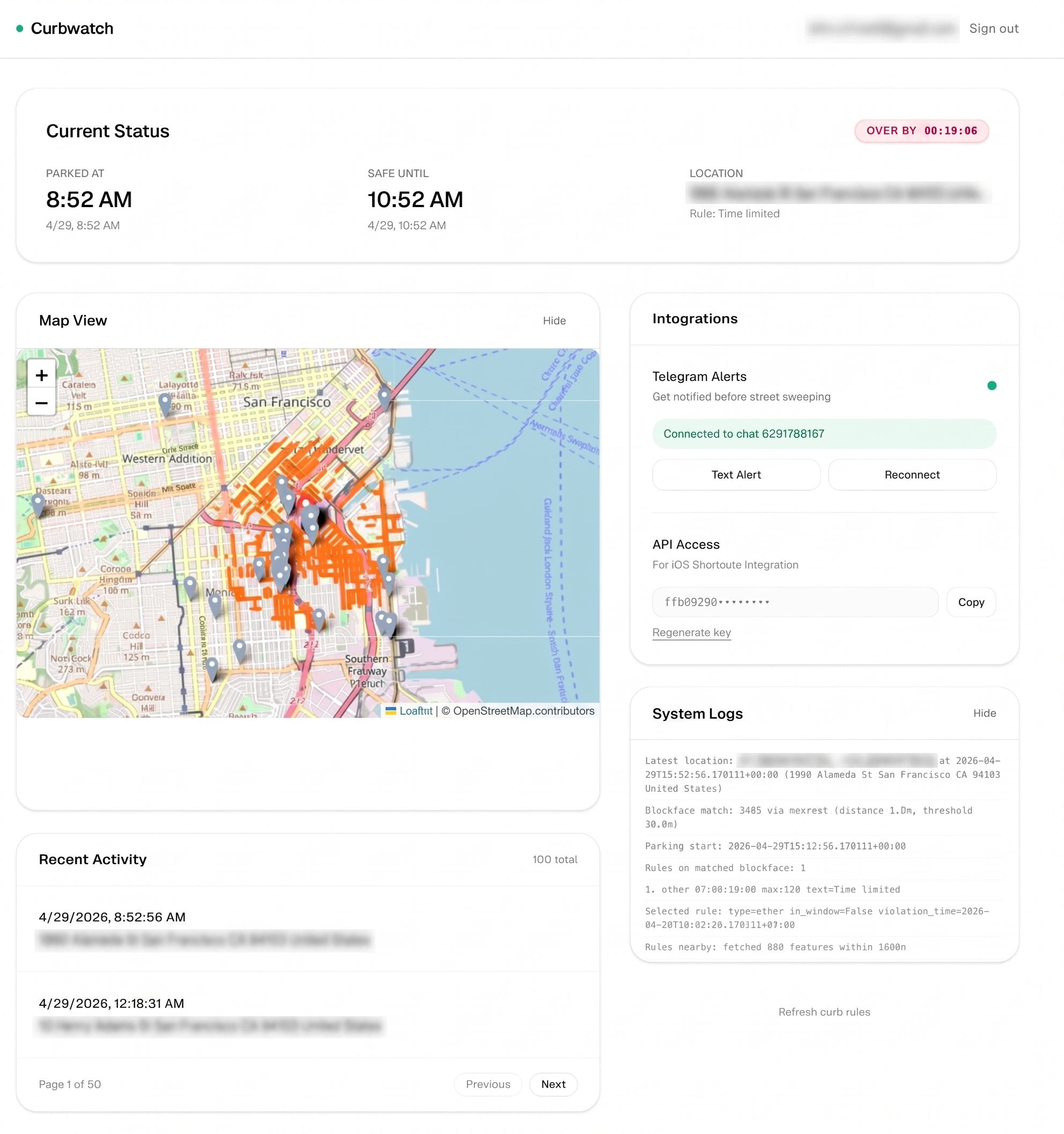 Curbwatch dashboard with current status, map view, Telegram integration panel, and recent activity log