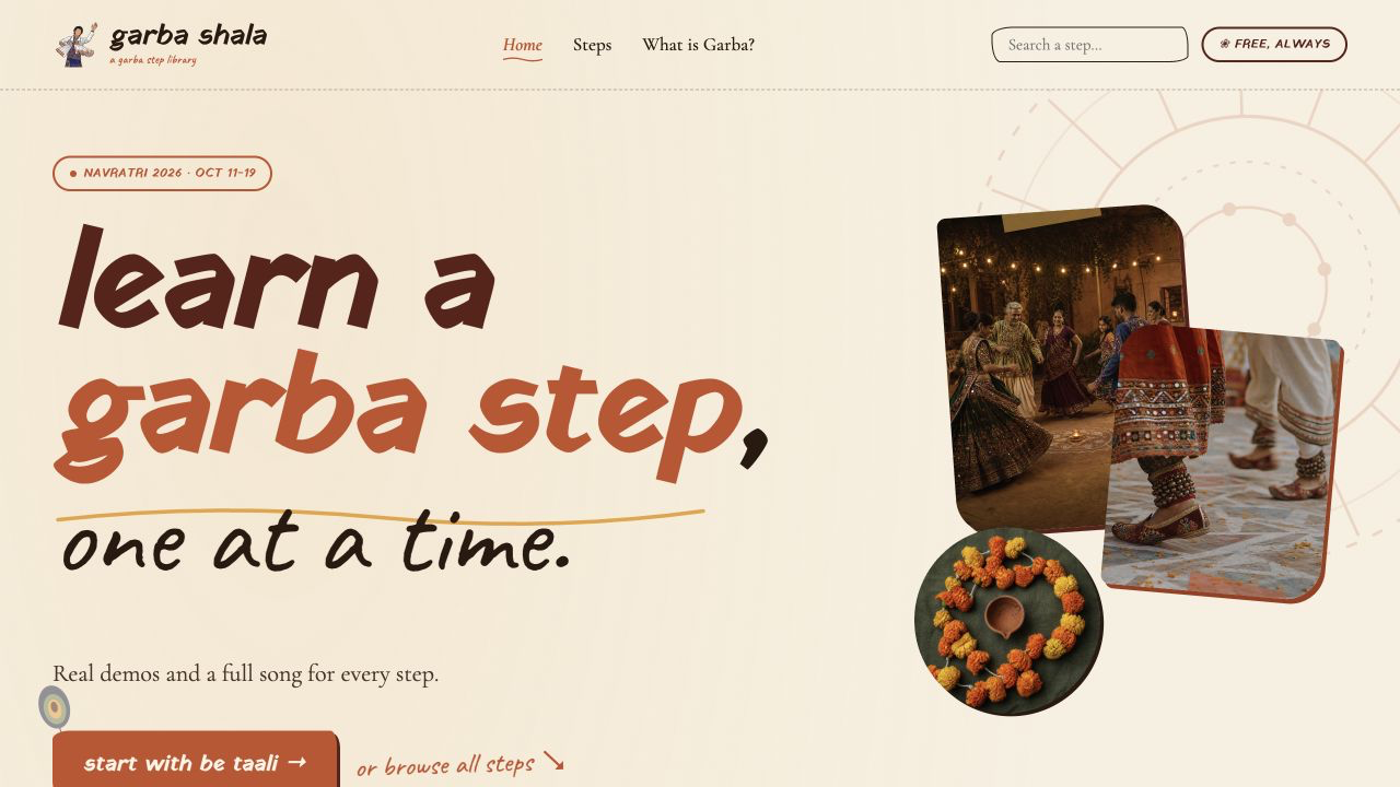 Garba Shala homepage with beginner lessons and step-by-step practice resources