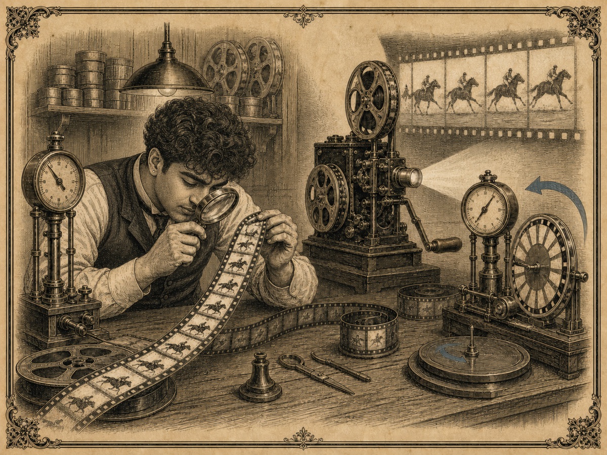 Inspecting whether the output works before judging whether it is good Shiv inspecting a strip of film with a magnifying glass beside a set of mechanical testing instruments